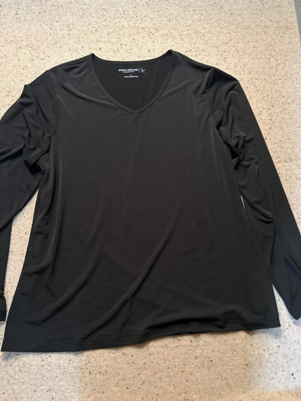 Susan Graver Essentials Liquid Knit long Sleeve Vneck Shirt Large Black